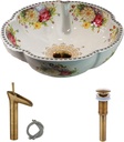 Peony Flower America Style Bathroom Vessel Sink with Brass Waterfall Faucet and Pop Up Drainer Set