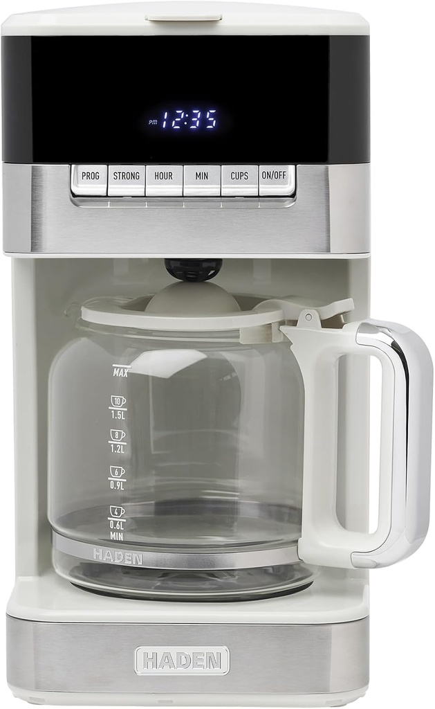 HADEN Quintessential 12 Cup Coffee Maker with120 Minute Keep Warm, Delay Brew, Adjustable Strength, Programmable Clock, and Anti Drip, Ivory/Chrome