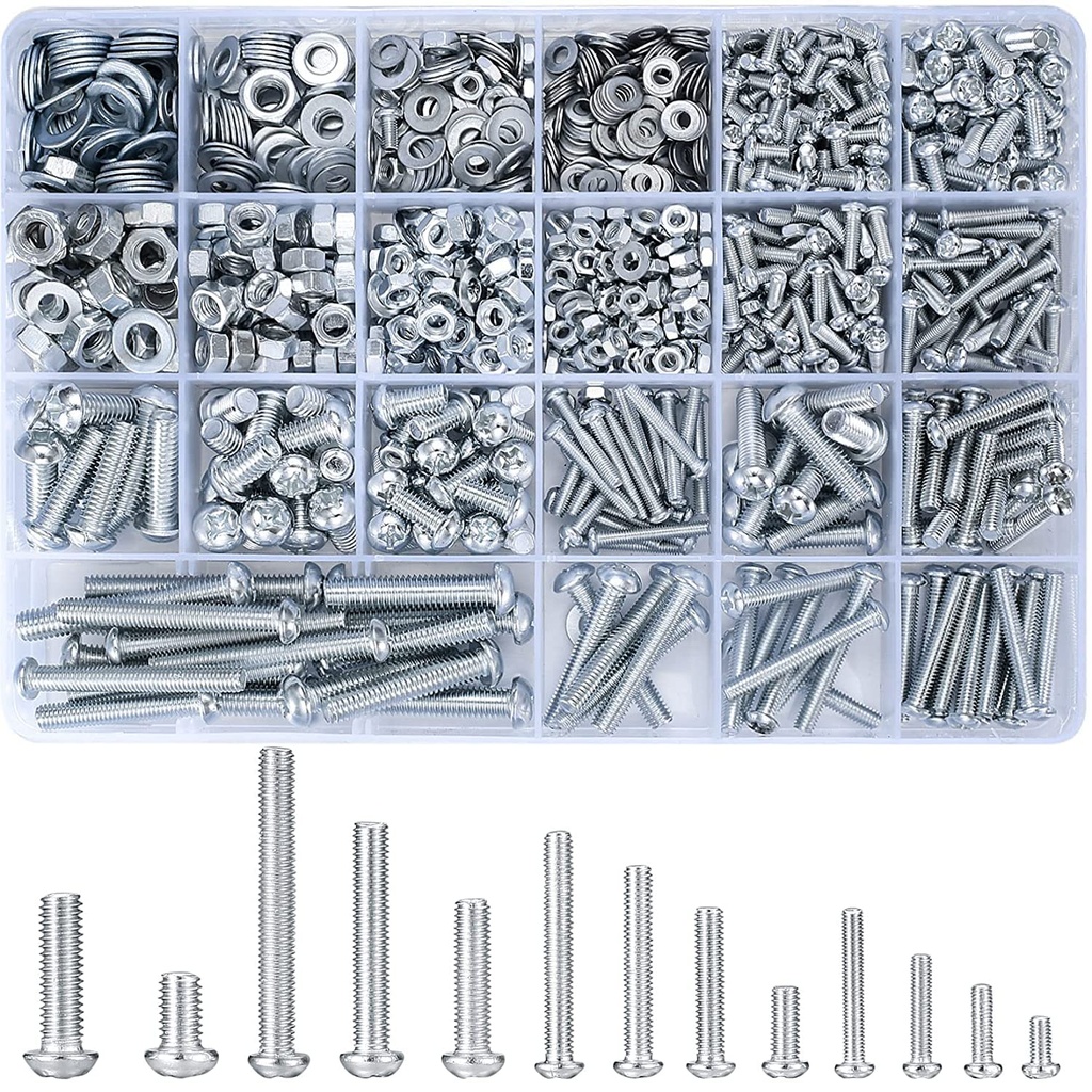 1080 Pcs Screws Bolts and Nuts Assortment Kit, Metric Machine Screws and Nuts and Flat Washers, M3/M4/M5/M6 Cross Slotted Round Head Bolts Sets (C)