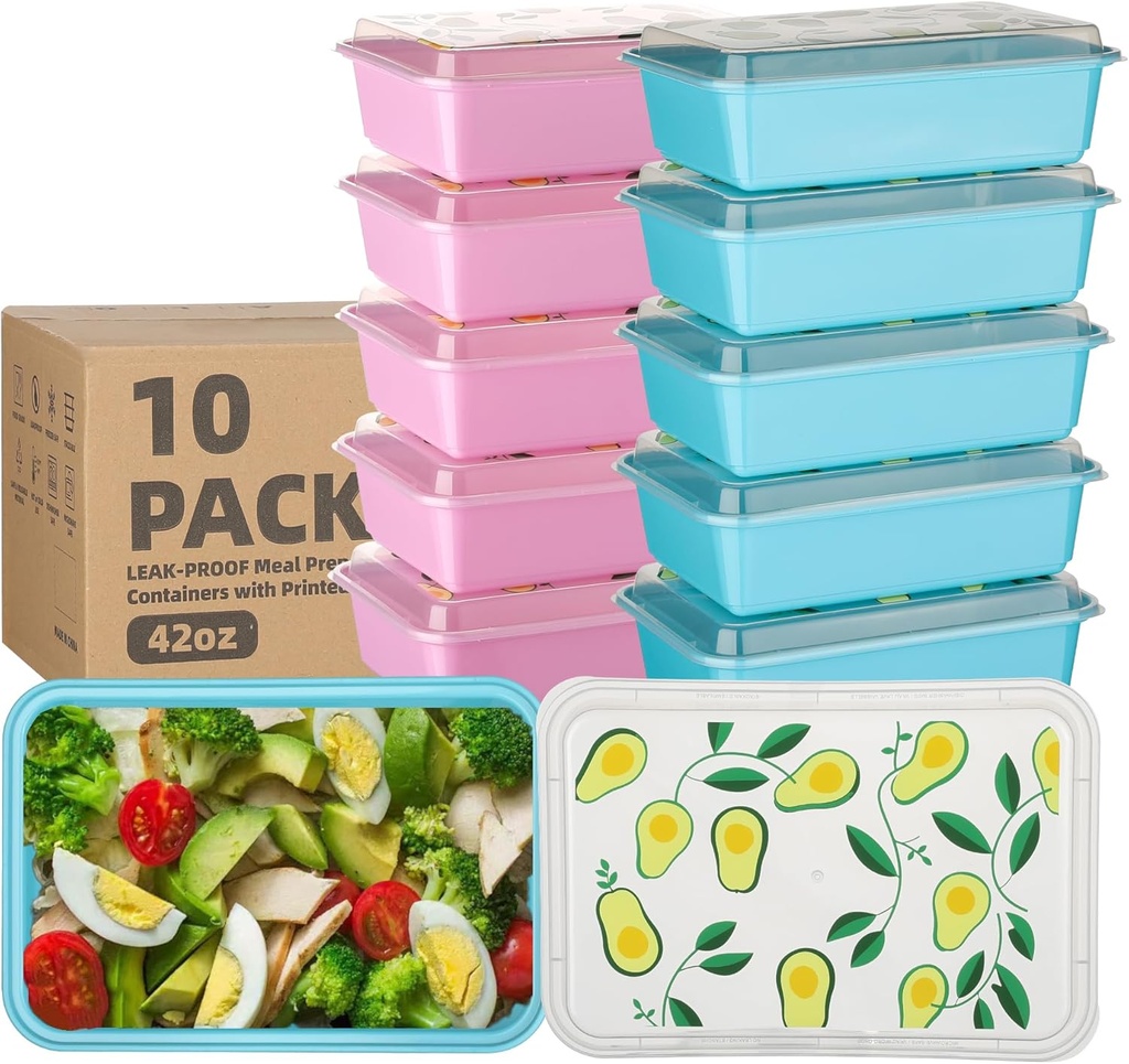 10 Pack 42 oz Meal Prep Containers, Reusable Plastic Food Prep Storage Containers with Printed Lids, Stackable, Leakproof, Microwave & Freezer & Dishwasher Safe,To Go Take Out Box, Avocado