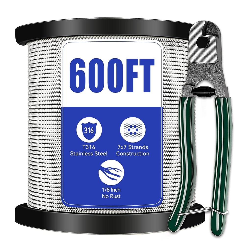 1/8 Stainless Steel Cable Railing, 7x7 Strand Construction with Cutter, 600FT