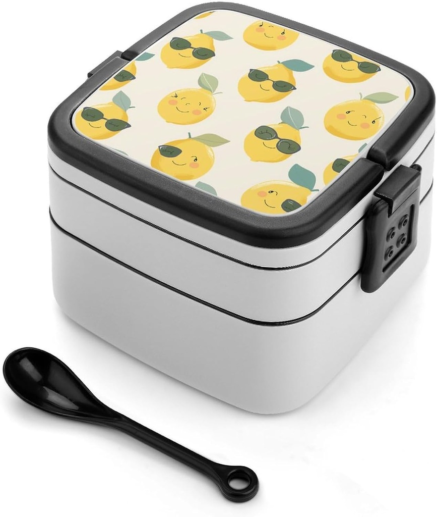 Lemon Happy Emoticon Bento Box - Double Layer, Leakproof Food Containers with Partition & Spoon, Stackable Lunch Box for Office, Travel, Camping