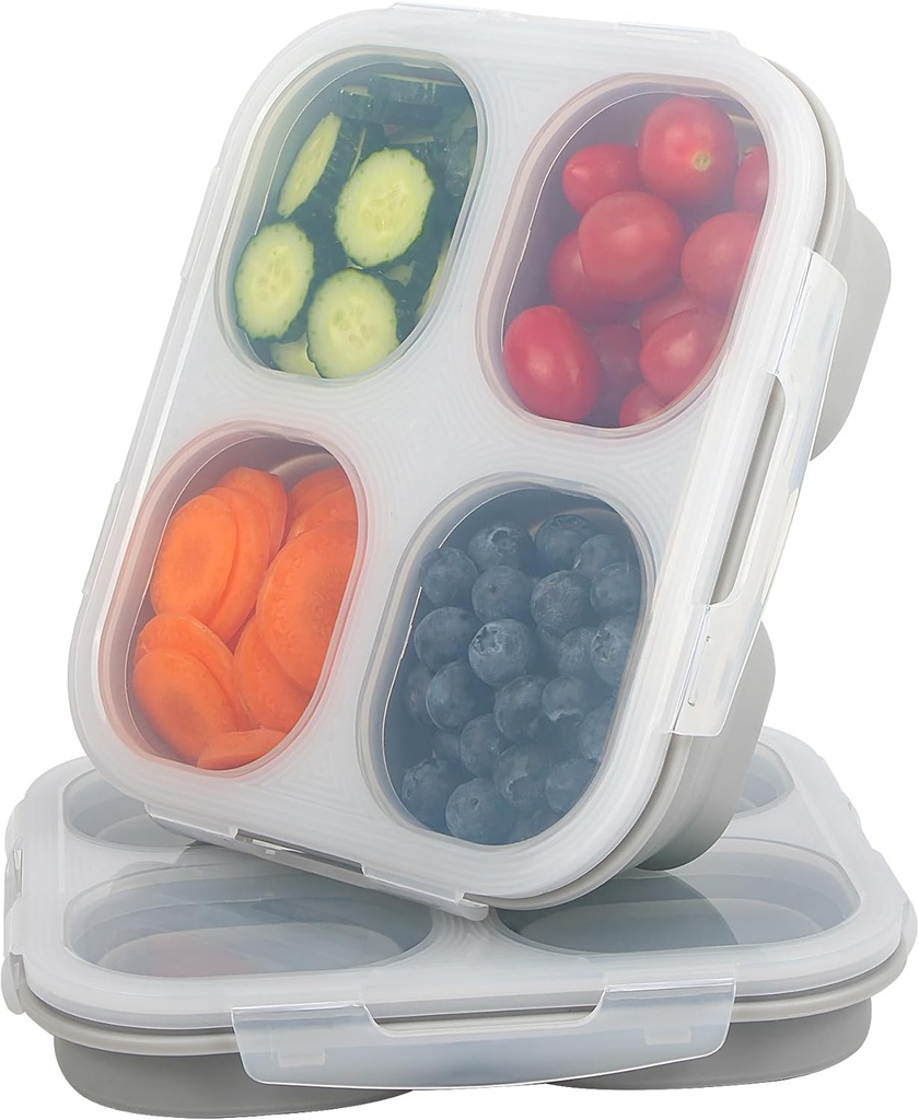 Collapsible Silicone Food Storage Container, 2PCS 4-Compartment Snack Containers Portion Control with Clip-on Lid, Stackable, Space Saving, Microwave/Fridge/Freezer/Dishwasher Safe (2)