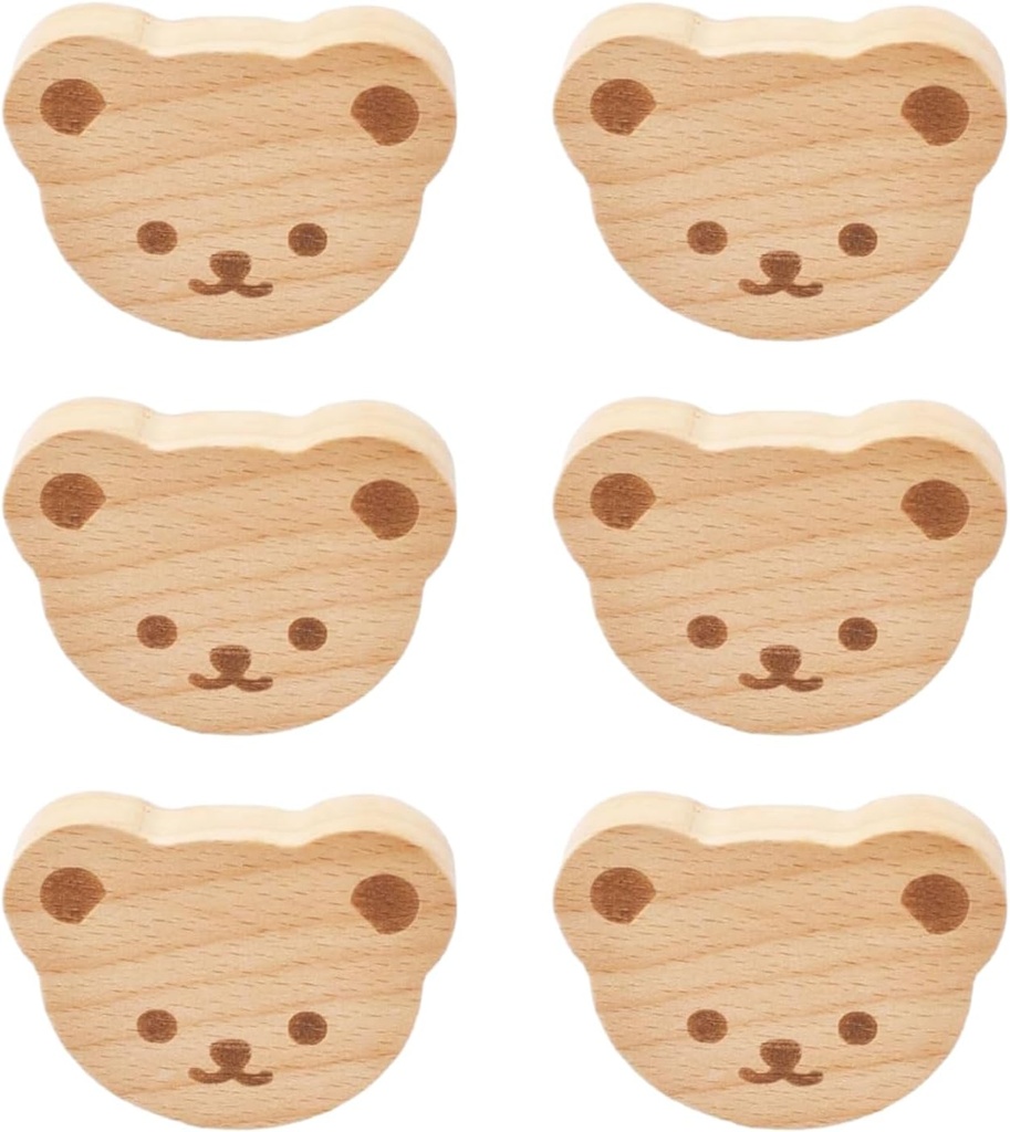 MOROBOR 6PCS Bear Shaped Wooden Knobs Single Hole Beech Wood Handles Wood Cupboard Cabinet Handles Knobs for Chest of Drawers with Screws& Expansion Tube