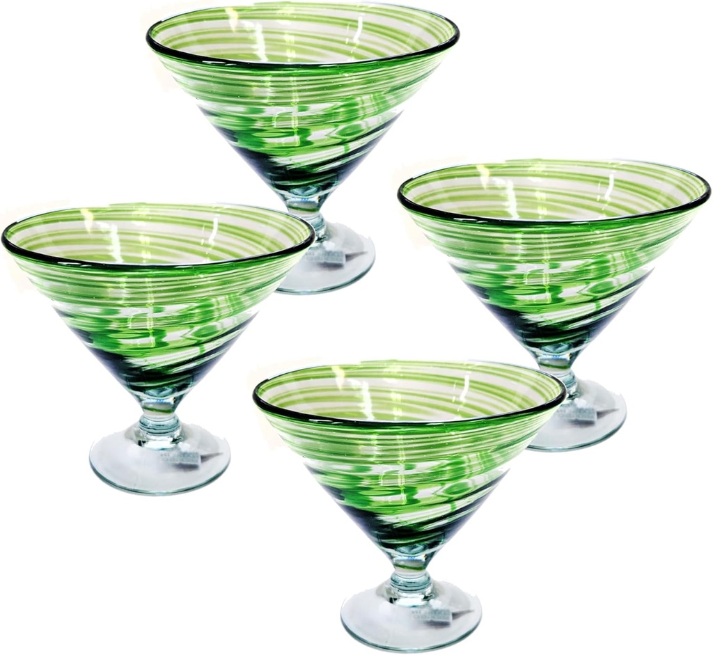 Martini glasses - Mexican hand blown glass, set of 4, Green swirl