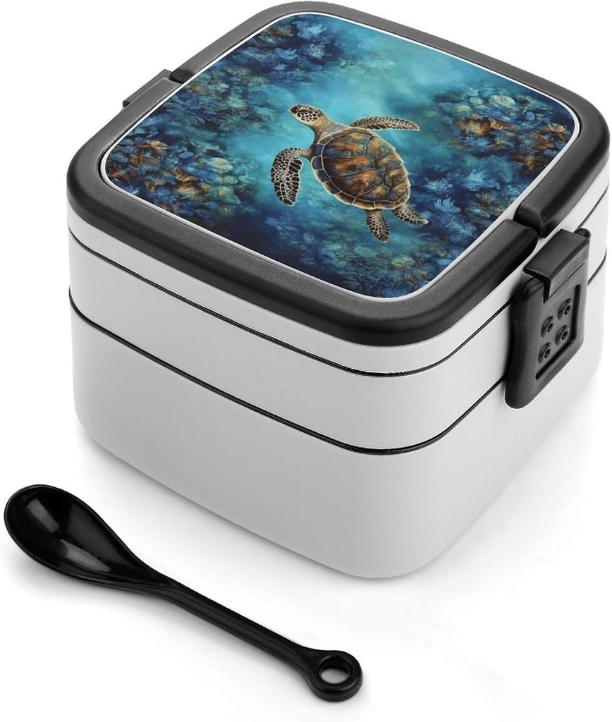 Turtle Bento Box with Spoon, 2-layer Stackable Lunch Box Leak Proof with Invisible Handle, Insulated Food Storage for Office, Picnic & Travel