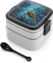 Turtle Bento Box with Spoon, 2-layer Stackable Lunch Box Leak Proof with Invisible Handle, Insulated Food Storage for Office, Picnic & Travel