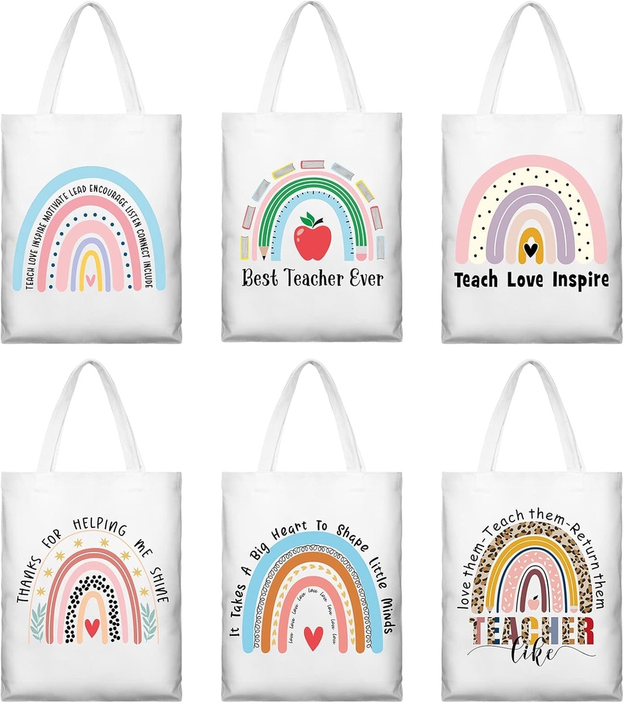 Sumind 6 Pcs Teacher Appreciation Gift Canvas Teacher Tote Bags Thank You Gift for Women Reusable Rainbow Bags