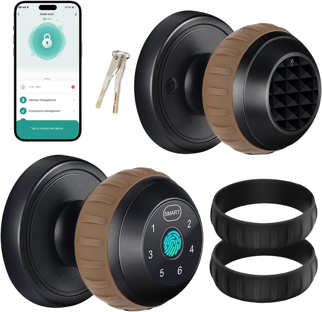 Kuelor Smart Fingerprint Door Knob with Keypad & Silicone Ring – Keyless Thumbprint Entry with App Control (Brown & Black) for Bedroom, Office, Airbnb, Rental House
