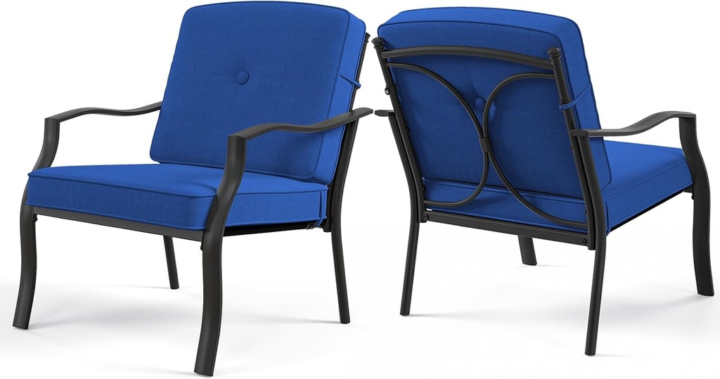 Tangkula 2 Piece Patio Metal Chairs, Outdoor Dining Chairs with Seat & Back Cushions, Heavy-Duty Metal Frame, Ergonomic Patio Sofa Chair for Yard Garden Balcony Poolside (1, Blue)