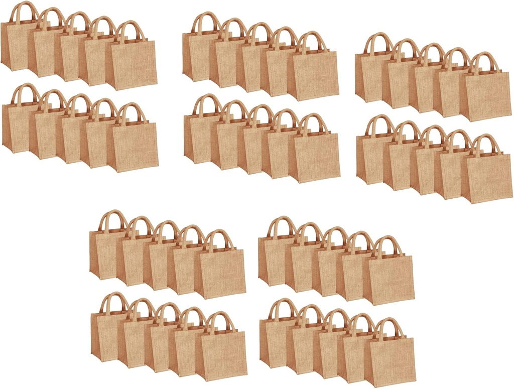 50 Small Jute Burlap Gift Bags with Handles in Bulk, Burlap Tote, Wedding Welcome Bags, Bridesmaids Gifts, Bachelorette Party Favors Swag bags DIY Reusable 8”x 8”x6