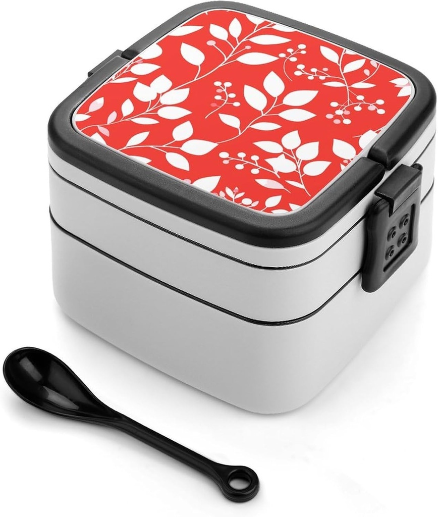 Leaves And Berries Bento Box - Double Layer, Leakproof Food Containers with Partition & Spoon, Stackable Lunch Box for Office, Travel, Camping