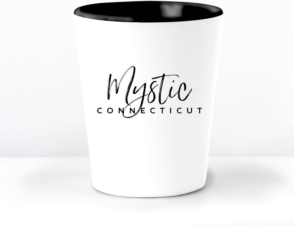 Generic Mystic CT Ceramic 1.5 Ounce Souvenir Shot Glass - White With Black Interior - Bachelor & Bachelorette Party Favors - Bridesmaid & Groomsmen Present - Connecticut Home Town Decoration