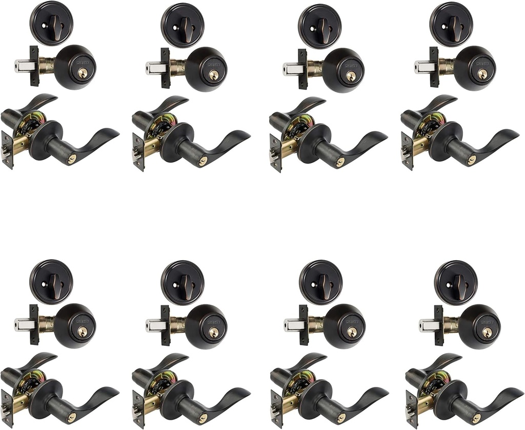 Dynasty Hardware CP-HER-12P, Heritage Front Door Entry Lever Lockset and Single Cylinder Deadbolt Combination Set, Aged Oil Rubbed (8 Pack) Keyed Alike