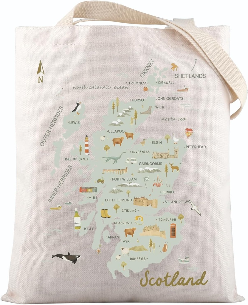 VAMSII Scotland Souvenir Gift Scotland Travel Map Tote Bag Scotland Themed Symbol Thistle Gift