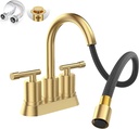 Phiestina Brushed Gold Faucet for Bathroom Sink,4-Inch 2 Handle 3 Holes Stainless Steel Pop-up Drain and Supply Lines Modern Centerset Laundry Faucet Heavy Duty,ZY01CL-BG
