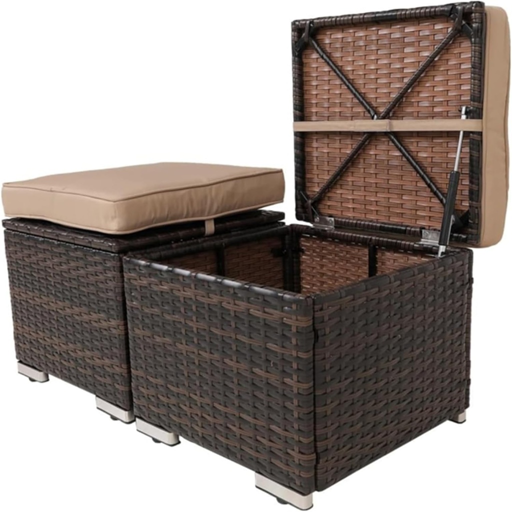 Outdoor Patio Ottomans,2 Pieces PE Rattan Wicker Ottoman Seat,Patio Furniture,Footrest Seat with Removable Cushions and Hidden Storage Space,Seat for Patio, Backyard, Poolside (Brown)