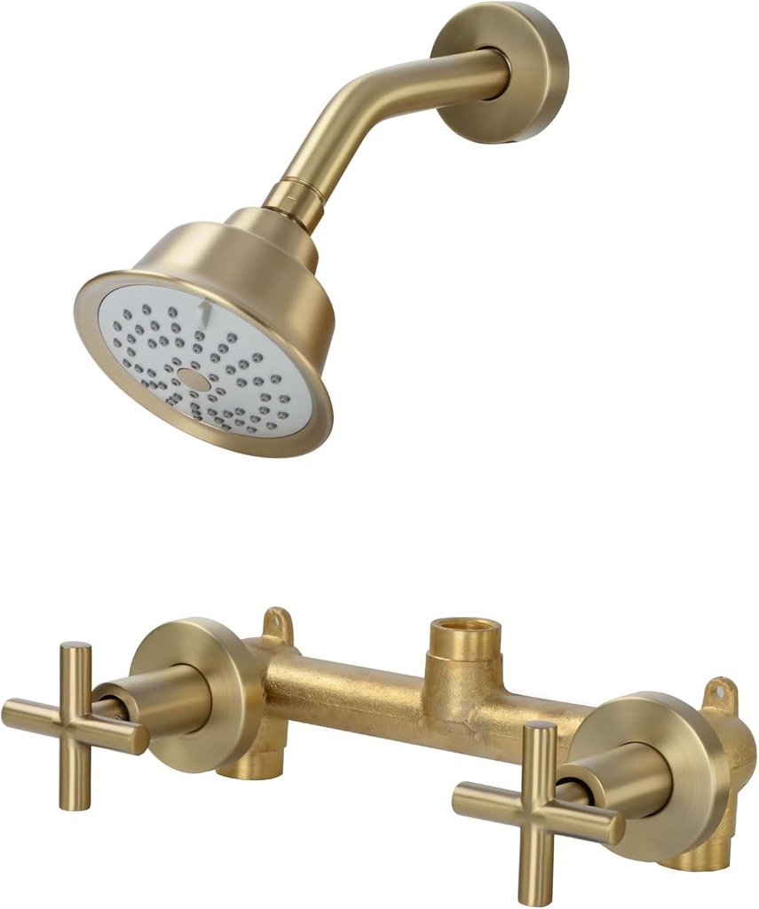 2 Handles Shower Faucet Set,Tub and Shower Trim Kit with Rough-in Valve,Wall Mounted 2 Knobs Single Function Shower Faucet,Brushed Gold,1A4MK