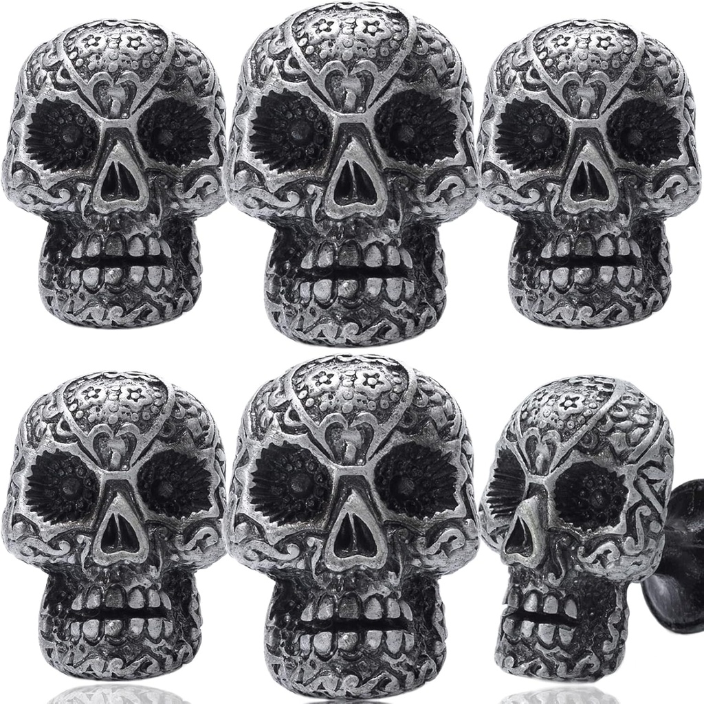 Cool Skull Cabinet Knobs Halloween Kitchen Drawer Pulls Antique Silver Cupboard Door Handles,1 1/2 in Single Hole Furniture Hardware for Dresser Bathroom Wardrobe Bedroom 6Pcs
