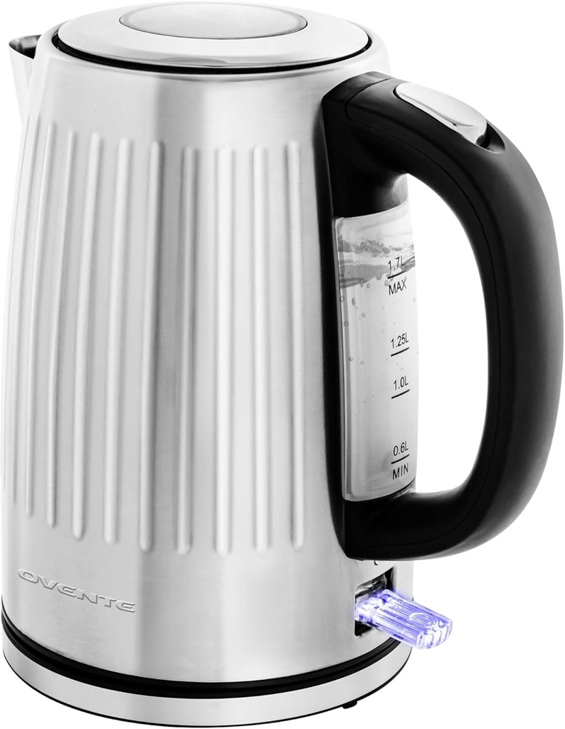 OVENTE Electric Kettle, 1.7L Stainless Steel Fast Boiling Water Heater with 1750W Power, BPA Free & Cordless Body, Auto Shut-Off, Boil-Dry Protection, Indicator Light & Removable Filter, Silver KS711S