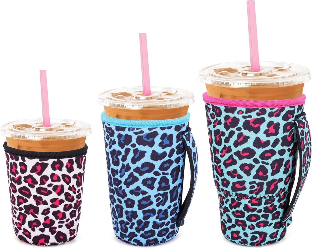 3 Pack Iced Coffee sleeve Insulated Neoprene Cup Sleeves with handle For Cold Drinks Beverages, Reusable Cup Holder for 16oz-32oz Coffee Cups (Leopard Print)
