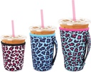 3 Pack Iced Coffee sleeve Insulated Neoprene Cup Sleeves with handle For Cold Drinks Beverages, Reusable Cup Holder for 16oz-32oz Coffee Cups (Leopard Print)