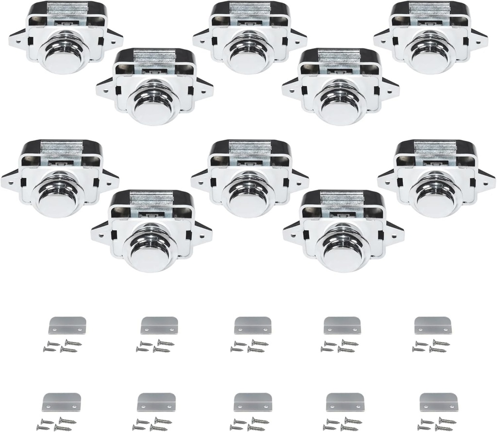 HQRP 10-Pack Push Button Latch Cabinet Door Catch Keyless Cupboard Locks Mini Marine Push Lock Knob with Screws and Steel Pad for Cabinets Drawer in RV Yachts Motorhome Camper Caravan, Silver