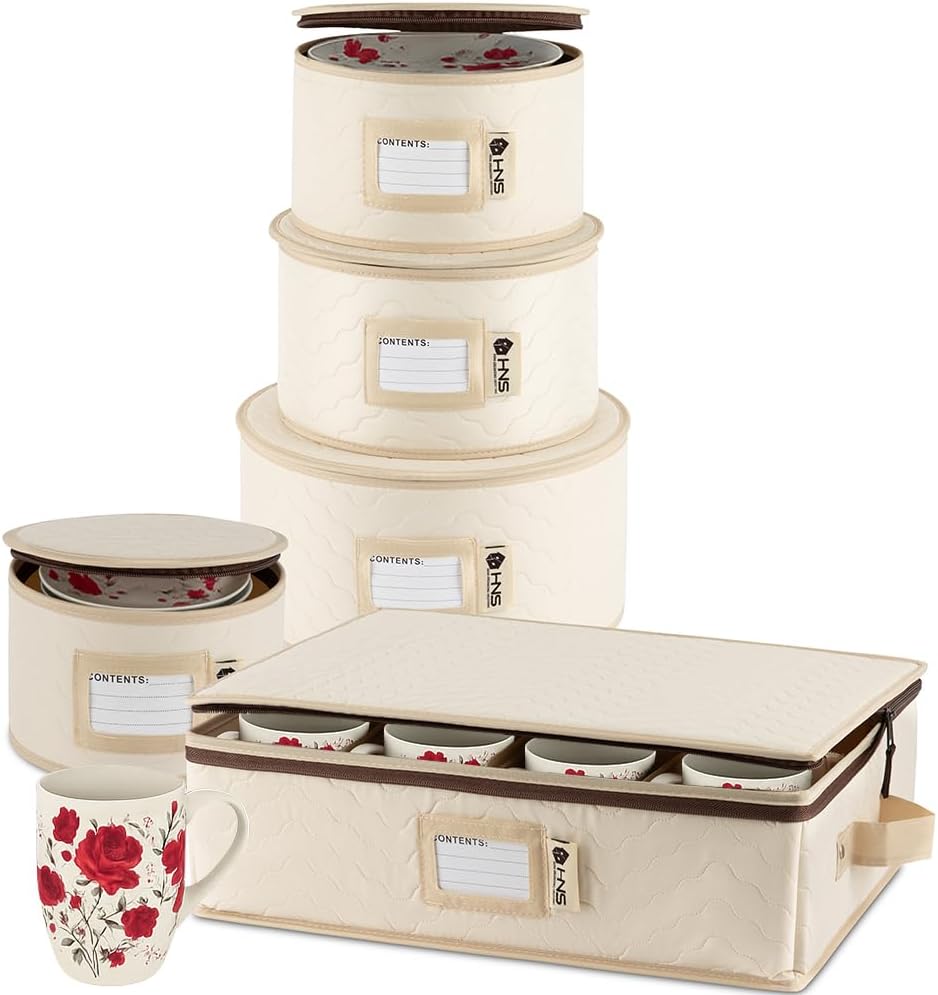 Hard Shell China Storage Containers 5-Piece Set Moving Boxes for Dinnerware, Glasses, Plates, Mugs and Saucers Sturdy Dish Organizer with Dividers for Seasonal Storage - Service for 12 - Beige Quilted