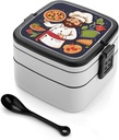 Chef Pizza Bento Box Adult Lunch Box All-in-One Lunch Containers with Removable Compartments Double Layer Bento Lunch Box with Spoon And Handle Stackable Lunchbox