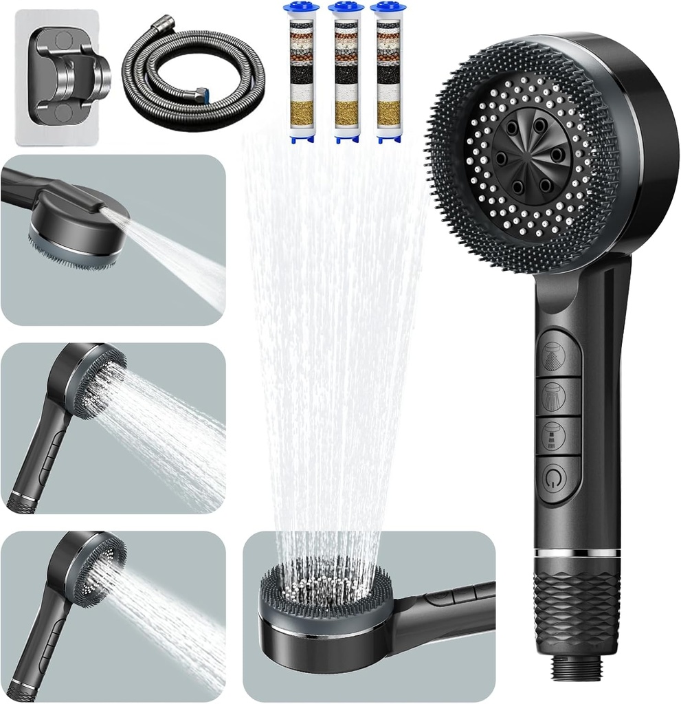 High Pressure Shower Head, 4 Spray Mode Shower Heads with 60 Inch Hose, Filtered Showerhead with ON/OFF Switch for Hard Water, Handheld Massage Powerful Shower Head for Chlorine Remove, Dark Gray
