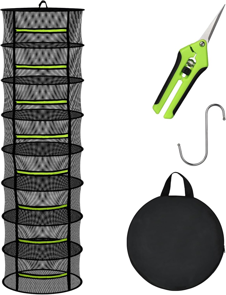 8 Layer Large Capacity Herb Drying Rack, Collapsible Hanging Mesh Net with Green Zipper, Hooks & Bonus Garden Scissors, Bulk Drying for Fresh Herbs, Flowers & Plants – Indoor Outdoor (23.62")