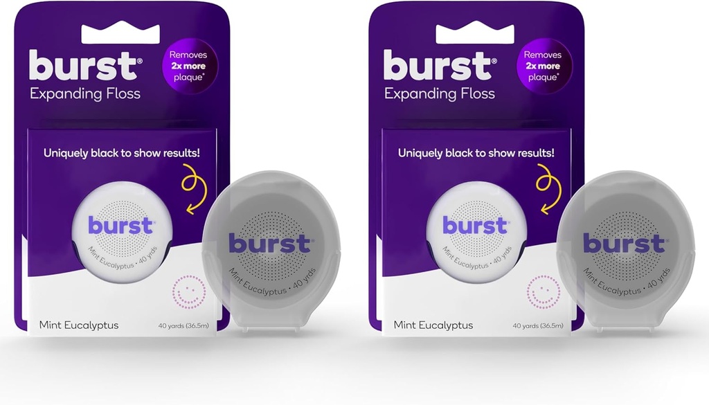 Burst Expanding Dental Floss (Mint Eucalyptus/80 Yards) | Stain Absorbing & Woven Tooth Floss with Xylitol Coating to Fight Cavities | Vegan | Paraben Free Expanding Floss