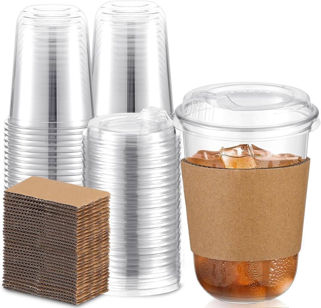 LemonRoad 50 Sets 16oz Clear Plastic Coffee Cups with Strawless Sip Lids and Cup Sleeve, Disposable Clear Pet Cups for Iced Coffee Cold Beverage Cocktail Christmas Drink Shops Party Supplies