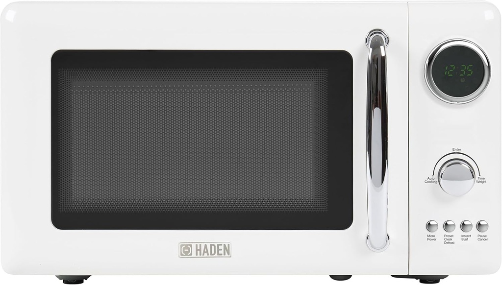 Haden 700 Watt 0.7 Cubic Foot Microwave Oven with Digital Controls, Defrost, and Instant Start Countertop Small Appliance, Ivory/Chrome