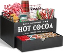 Hot Chocolate Bar Organizer with Drawer, Farmhouse Hot Cocoa Bar Supplies for Hot Chocolate Maker, Countertop Wood Coffee Station Organizer Decorative Storage Bins, Cocoa Lovers Gift