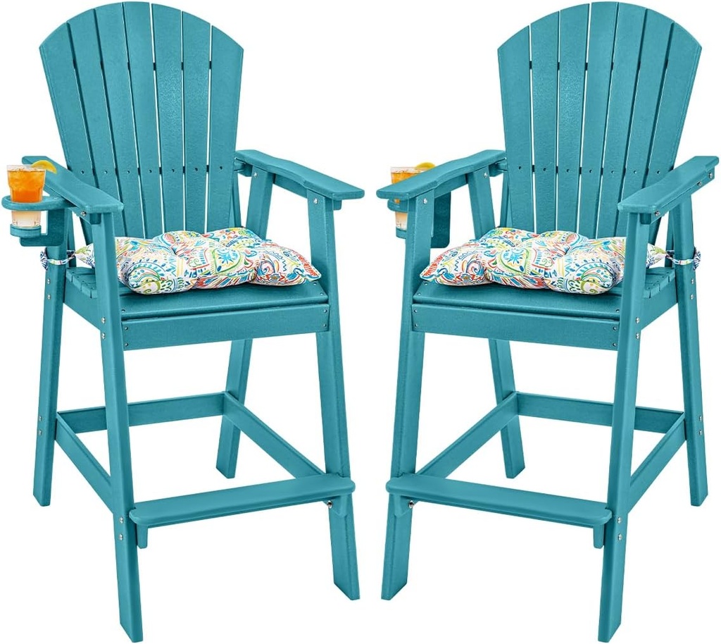Sundale Outdoor Adirondack Bar Chairs Set of 2, Patio HDPE Bar Stools with Backrest, 30 Inch Seat Height Bistro Tall Dining Counter Barstools with Cushion, All-Weather Pub Height Chairs, Turquoise
