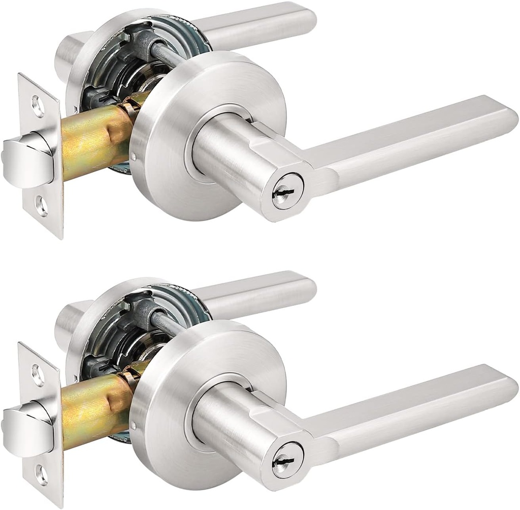 Probrico (2 Pack Keyed Entry Locks for Front Door/Bedroom/Office, Modern Entry Lever Lockset, Satin Nickel - Keyed Alike