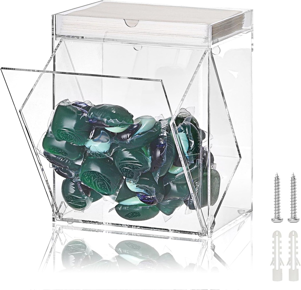 ELLDOO Wall Mounted Laundry Pods Container, Clear Aryclic Coffee Pod Holder, Candy Dispenser Dishwasher Pod Holder, Tipping Bucket Storage Box for Kitchen, Breakroom, Laundry Room, Coffee Station