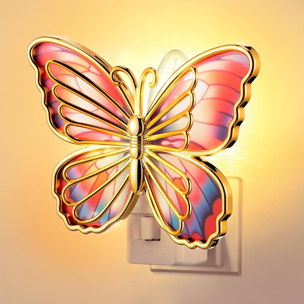 Butterfly Night Light, LED Butterfly Night Light Plug into Wall, Manual On/Off Switch, Colorful Monarch with Gold Trim Decorative, Energy-Saving, 360° Swivel Plug, Girl Bedroom Bathroom Hallway