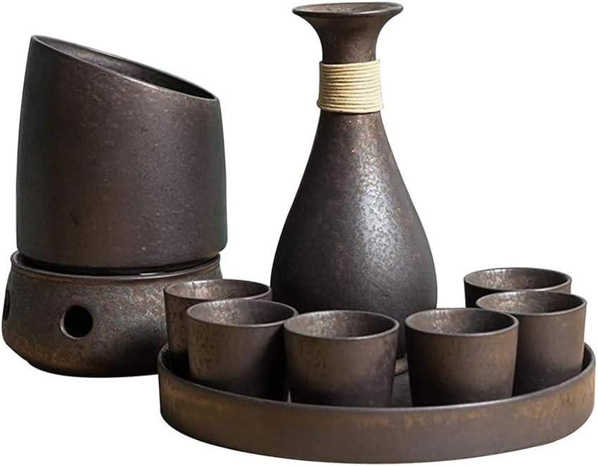 Japanese Ceramic Sake Set Warmer and Tray, Ceramic Japanese Sake Set Pottery Hot Saki Drinkt,Traditional Retro Porcelain Crafts Restaurant Sake Cup Gift brown