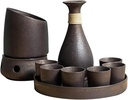 Japanese Ceramic Sake Set Warmer and Tray, Ceramic Japanese Sake Set Pottery Hot Saki Drinkt,Traditional Retro Porcelain Crafts Restaurant Sake Cup Gift brown
