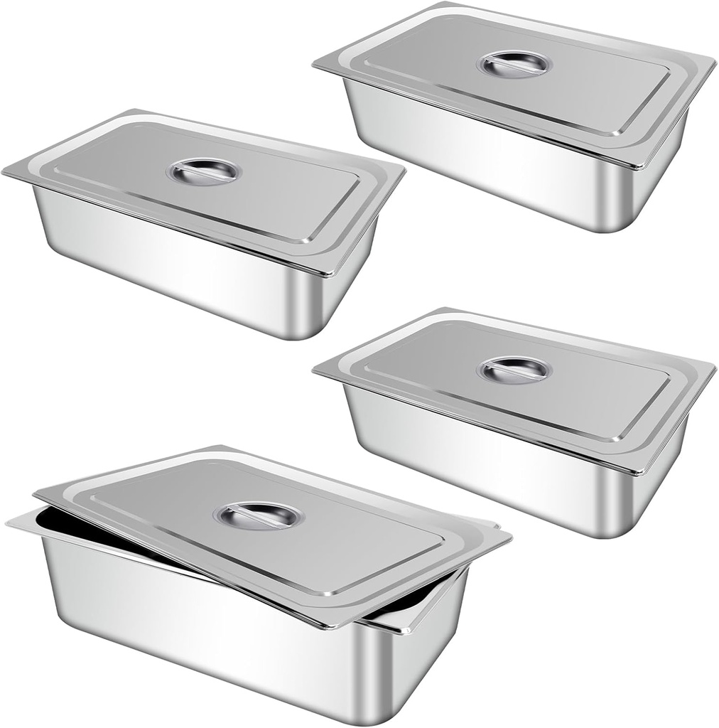 4 Pcs Stainless Steam with Lid 1/1 Size x 6 Inch Deep Reusable Hotel Pan Rust Proof Steel Table Pan for Home Kitchen Restaurant Party Buffet Supplies