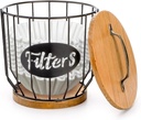 yarlung Coffee Filters Holder with Lid, Large Capacity Coffee Pods Holder with Rustic Wooden Base, Black Wire K Cup Storage Basket for Kitchen Countertop, Cafe Bar Organizer