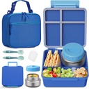 Bento Box for Kids with Thermo Food Container (9oz), 4-Compartment Lunch Box, Adjustable Divider, Leakproof Bento Lunch Box, Includes Utensils & Carry Bag for School, Office(Blue)