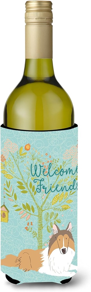 Caroline's Treasures BB7584LITERK Welcome Friends Collie Wine Bottle Hugger Bottle Cooler Sleeve Hugger Machine Washable Collapsible Insulator Beverage Insulated Holder