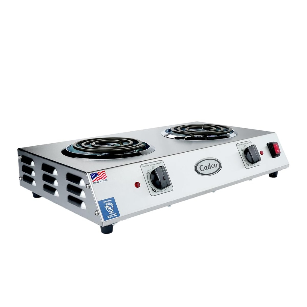 Cadco CDR-1T Countertop 21.25" W Double Burner Electric Hot Plate, Heat Control, Stainless Steel, 120-Volt, 12 lbs, For Commercial Use