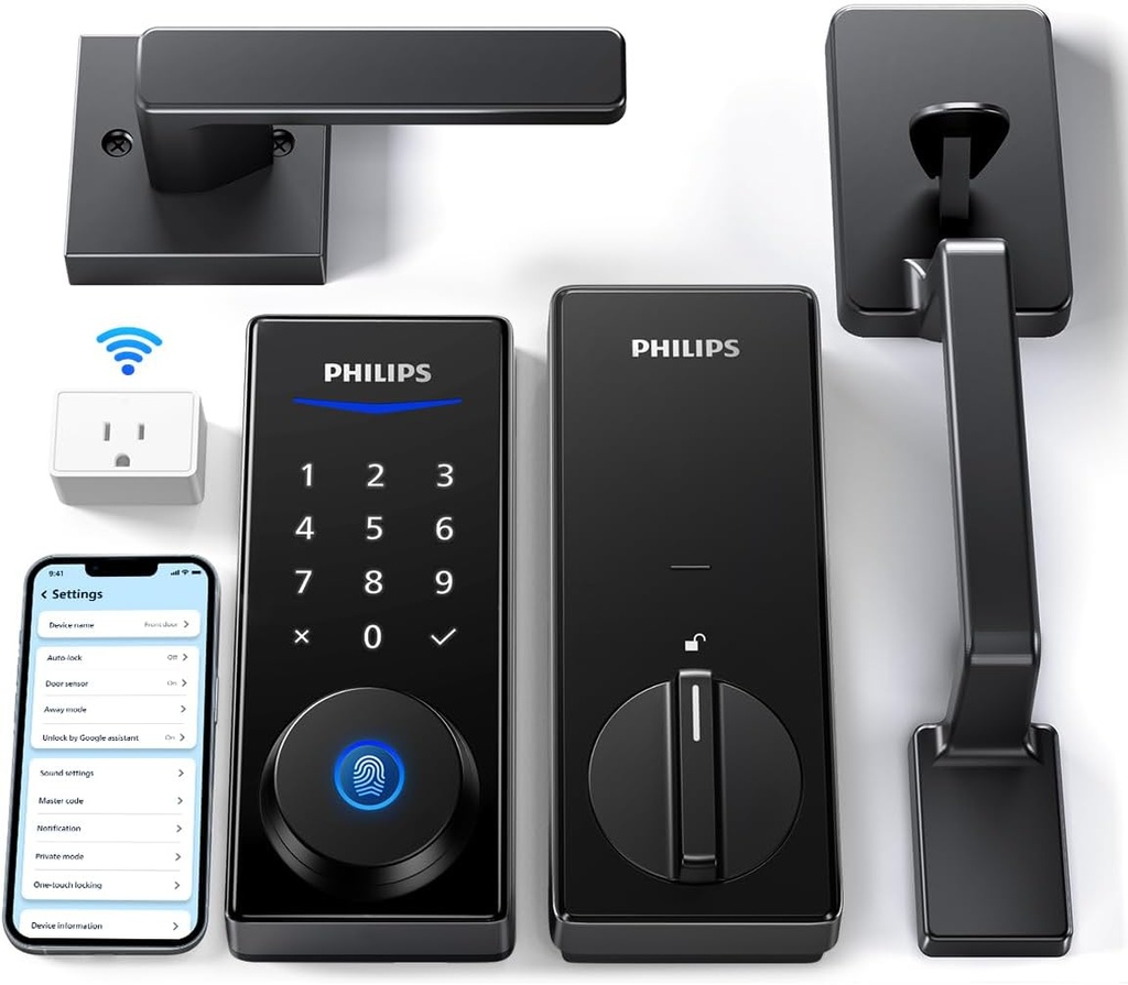 Philips Wi-Fi Smart Lock with Handle, Keyless Entry Keypad Door Lock with Handle, Front Door Deadbolt Set with WiFi Gateway, App Control, Fingerprint Unlock, PIN Code Unlock, Auto Locking