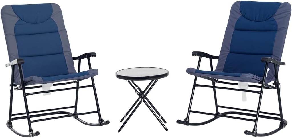 Outsunny 3 Piece Outdoor Patio Furniture Set with Glass Coffee Table & 2 Folding Padded Rocking Chairs, Bistro Style for Porch, Camping, Balcony, Navy Blue