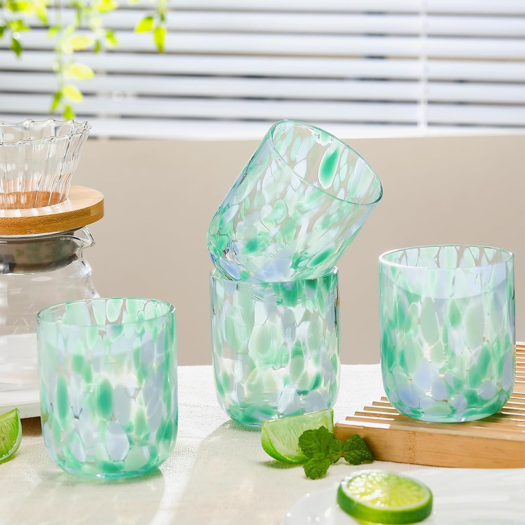 4 Pcs Icon Juice Glasses Handcrafted Double Old-fashioned Confetti Juice Glasses Drinking Tumblers, Turquoise Confetti, 12 oz Each for Women Home Summer Party Supplies Gift