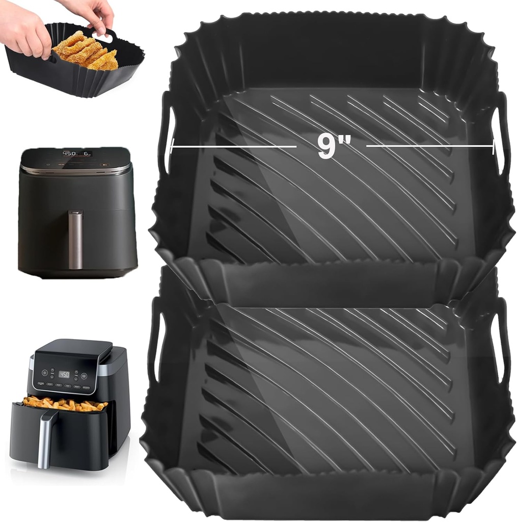 9 inch Silicone Air Fryer Liners Square for Cosori 6QT/Ninja Air Fryer Pro XL 6.5QT AF181,AF182, 2PCS Non-Stick Reusable Fryer Accessories for 6-9 Qt Frying Basket
